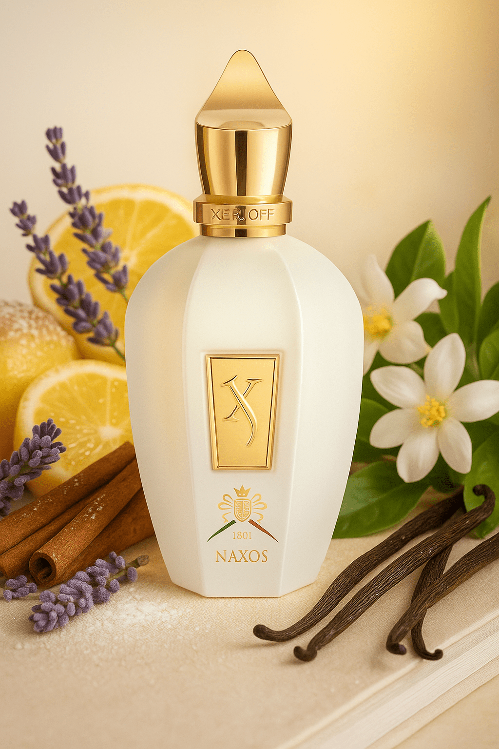 Xerjoff 1861 Naxos Eau de Parfum – valkoinen pullo kultaisella korkilla laventelin, sitruunan, kanelin ja vaniljatankojen ympäröimänä