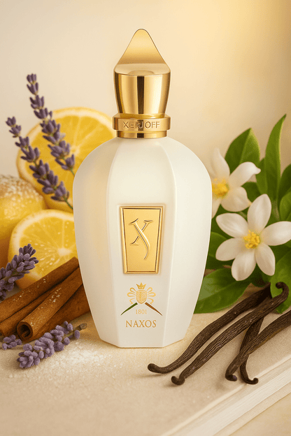 Xerjoff 1861 Naxos Eau de Parfum – valkoinen pullo kultaisella korkilla laventelin, sitruunan, kanelin ja vaniljatankojen ympäröimänä