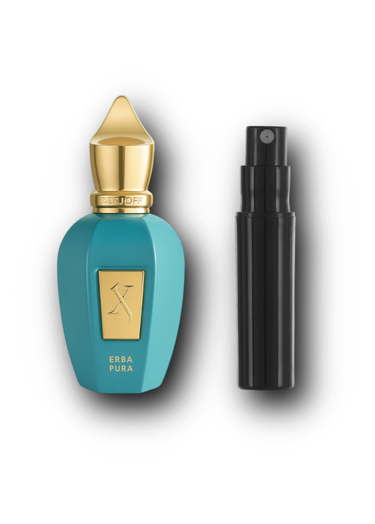 Xerjoff Erba Pura Eau de Parfum – alkuperäinen hajuvesipullo ja musta näytesuihkepullo vierekkäin
