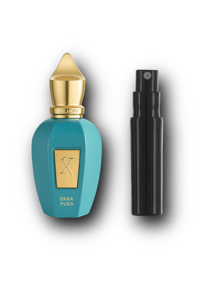 Xerjoff Erba Pura Eau de Parfum – alkuperäinen hajuvesipullo ja musta näytesuihkepullo vierekkäin