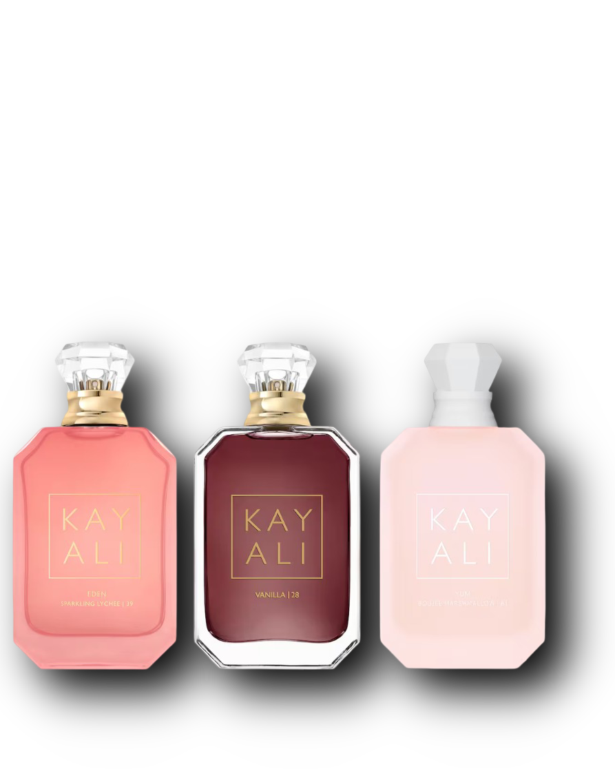 Kayali: Eden Sparkling Lychee 39, Vanilla | 28, Yum Boujee Marshmallow | 81 – näytesetin kolme tuoksua alkuperäisissä hajuvesipulloissa