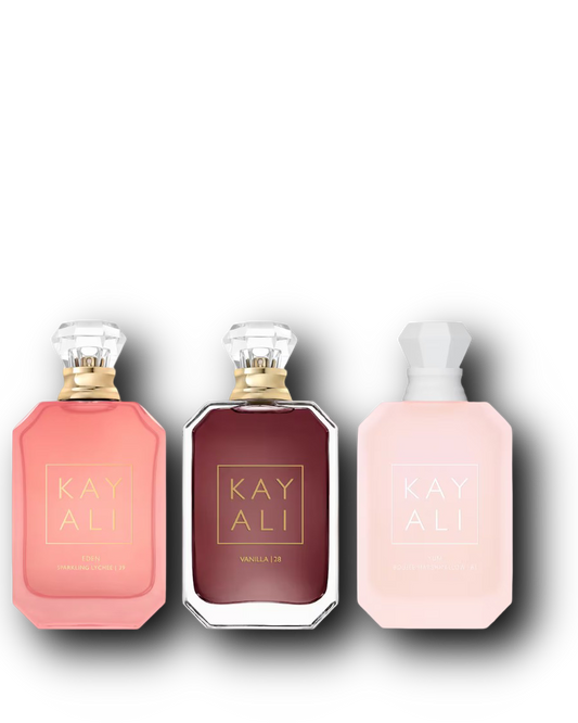 Kayali: Eden Sparkling Lychee 39, Vanilla | 28, Yum Boujee Marshmallow | 81 – näytesetin kolme tuoksua alkuperäisissä hajuvesipulloissa
