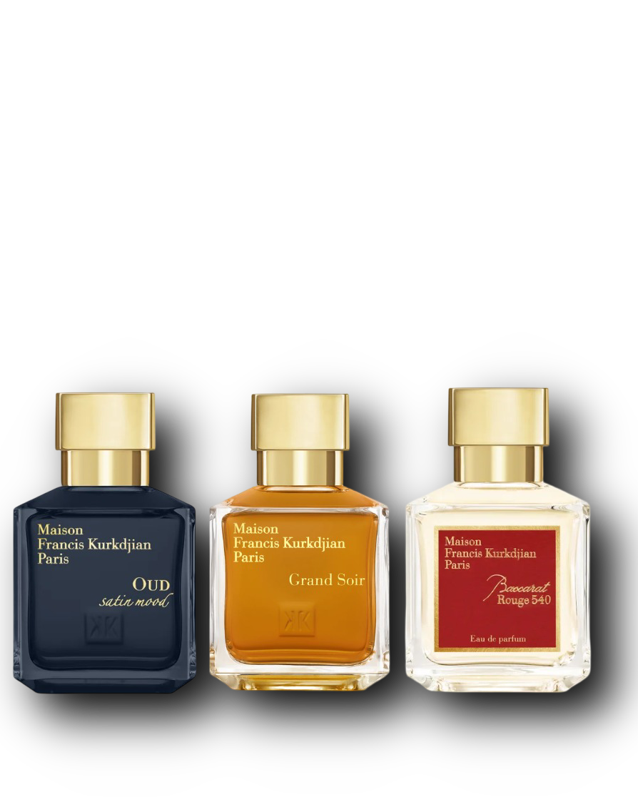 Maison Francis Kurkdjian: Grand Soir, Baccarat Rouge 540, Oud Satin Mood – näytesetin kolme tuoksua alkuperäisissä hajuvesipulloissa