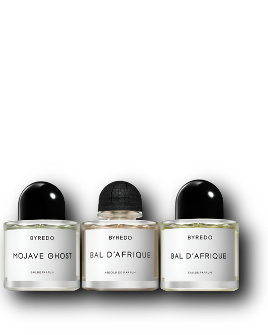 Byredo: Bal d’Afrique, Bal d’Afrique Absolu, Mojave Ghost – näytesetin kolme tuoksua alkuperäisissä hajuvesipulloissa