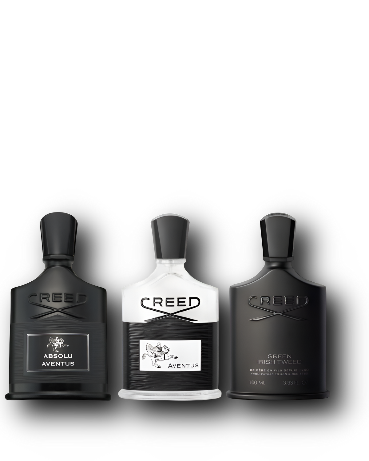 Creed: Aventus, Absolu Aventus, Green Irish Tweed – näytesetin kolme tuoksua alkuperäisissä hajuvesipulloissa