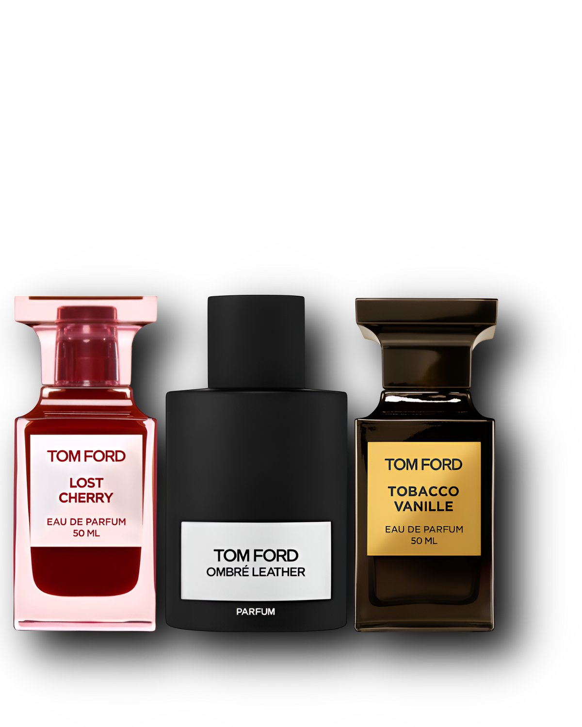Tom Ford: Ombré Leather Parfum, Tobacco Vanille, Lost Cherry – näytesetin kolme tuoksua alkuperäisissä hajuvesipulloissa