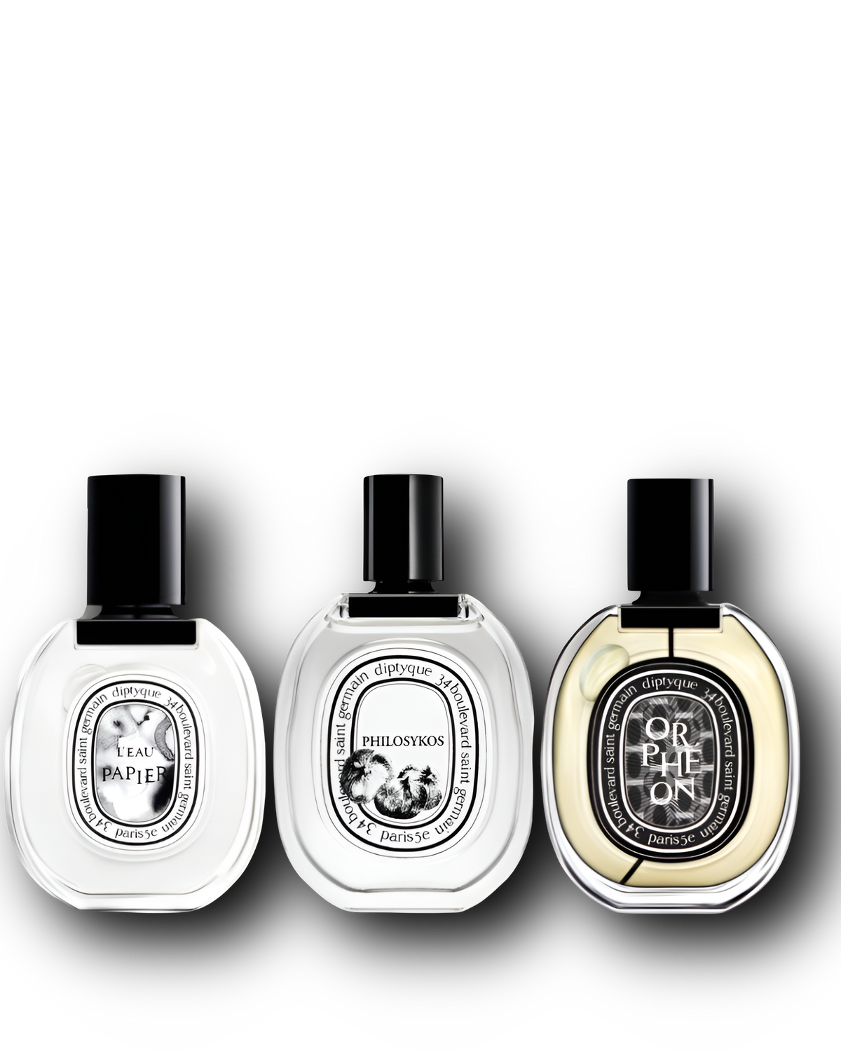 Diptyque: Philosykos, L’Eau Papier, Orphéon – näytesetin kolme tuoksua alkuperäisissä hajuvesipulloissa